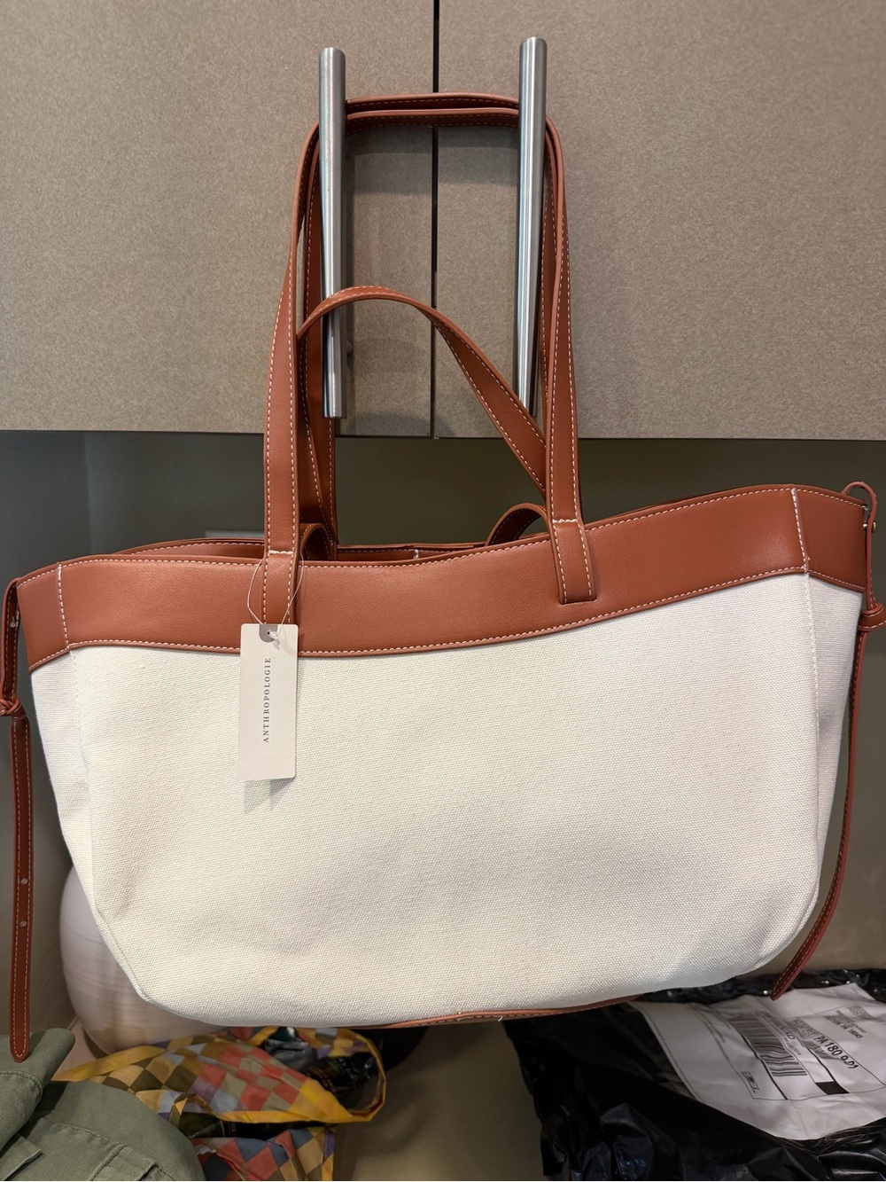 Anthropologie White Canvas Tote with Tan Leather Trim